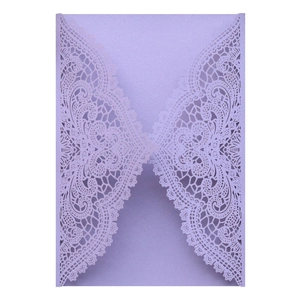 Elegant laser cut lavender purple glitter wedding invitation sleeve with lace patterns