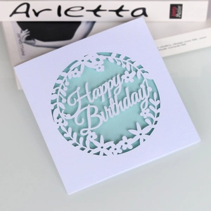 Laser cut Happy Birthday greeting card with white cover and light blue insert