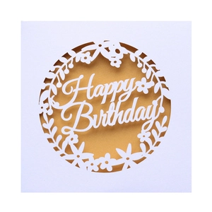 Laser cut Happy Birthday card with elegant floral hollow design and gold glitter background