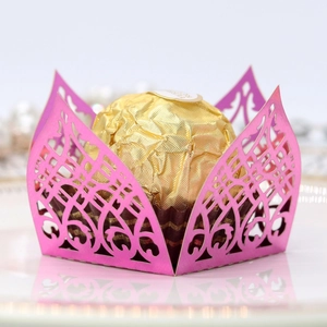 Laser cut rose pink wedding candy box with elegant hollow European vine patterns