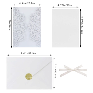 Detailed size guide for laser-cut rose wedding invitation set with ribbon and envelope