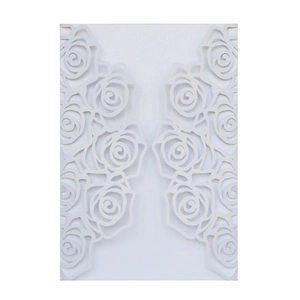 Detailed laser-cut white rose pattern on elegant matte paper wedding invitation cover