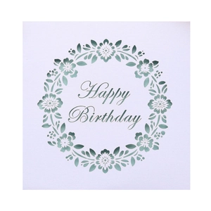 Macro shot of laser-cut floral wreath and Happy Birthday text on white square card