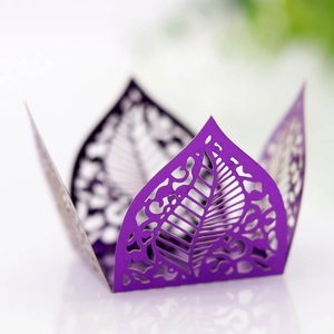Detailed laser-cut purple hollow leaf lace cupcake wrapper for wedding parties