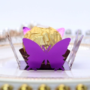 Detail of laser-cut purple butterfly chocolate holder with intricate hollow patterns