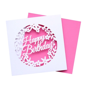 Detail of laser-cut white Happy Birthday card with floral border and pink insert