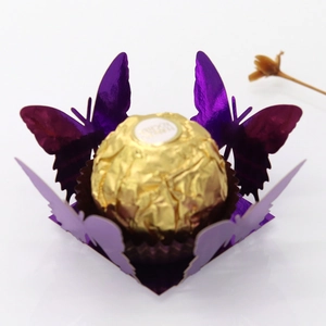 Detailed laser-cut purple butterfly paper candy box with elegant metallic shimmer texture