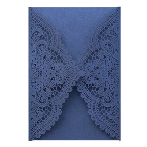 Navy blue laser cut wedding invitation cover with elegant glitter lace pattern