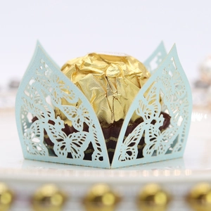 Detail der hellblauen lasergeschnittenen Schmetterlings-Spitze für festliche Pralinen