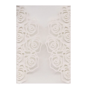 Detailed laser-cut white rose floral pattern on high-quality pearlescent invitation paper