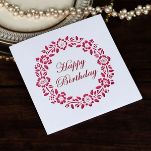 Laser Cut Floral Wreath Birthday Greeting Card Square Hollow Artificial Pearl Paper Happy Birthday Cards For Birthday Party Celebration Elegant Gift Card