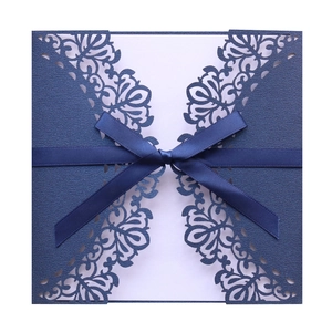 European Laser Cut Wedding Invitations Pearlescent Paper Hollow Floral Greeting Cards With Ribbon Bows For Marriage Party Event