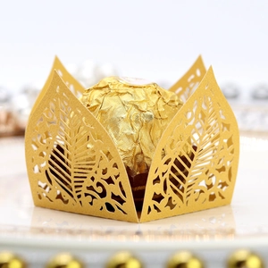 Golden laser-cut leaf pattern chocolate wrapper for wedding and party table decoration