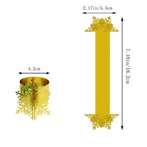 Detailed size view of gold snowflake napkin rings showing open and closed dimensions