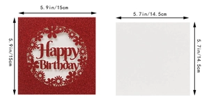 Comparaison de taille détaillée pour carte d'anniversaire découpée au laser rouge pailleté