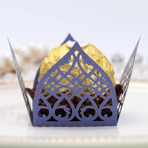 Detailed laser-cut hollow lace design for purple chocolate wrappers at wedding parties