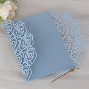 Light blue laser cut rose flower invitation cover for weddings and engagements