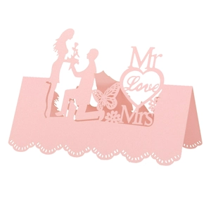 Pink laser cut wedding heart table card with 3D romantic proposal scene and butterflies