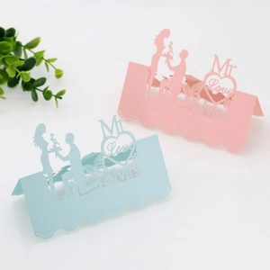 Detailed laser-cut wedding place cards featuring Mr Love Mrs design in pink and blue