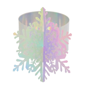 Close-up of holographic snowflake napkin ring with shimmering laser surface finish