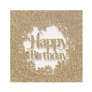 Carte Happy Birthday pailletée dorée avec motifs floraux découpés au laser sur fond blanc