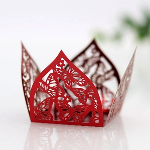 Detailed laser-cut butterfly hollow pattern on deep red wedding candy gift box