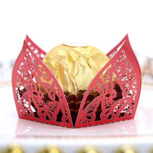 Laser cut red paper candy box with butterfly pattern for wedding party favors
