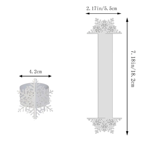 Detailed view of white snowflake paper napkin rings with laser-cut patterns and dimensions