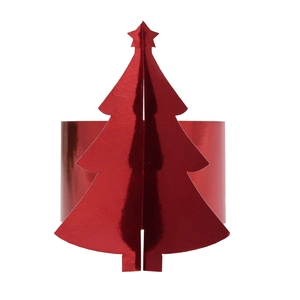Vue détaillée d'un rond de serviette sapin de Noël en métal rouge brillant festif