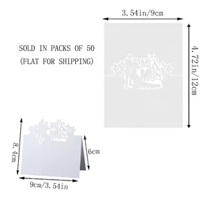 Detailed laser-cut Mr & Mrs wedding place card dimensions and foldable design layout