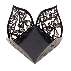 Close-up of black laser-cut butterfly candy box with square base and intricate hollow design