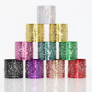Detailed set of 10 multicolor hollow lace metal napkin rings with mirror finish
