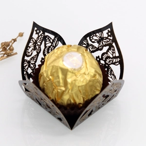 Macro view of laser-cut butterfly hollow candy box in black with metallic finish