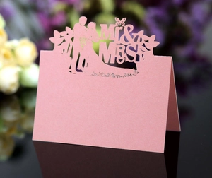 Macro detail of pink butterfly place card with laser-cut Mr & Mrs text and romantic silhouette