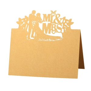 Laser cut kraft paper wedding place card with Mr & Mrs silhouette for guest seating