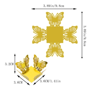 Detailed dimensions of laser-cut gold butterfly favor box with 3.6cm base and wings