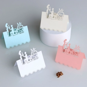 Laser-cut 3D heart place cards with butterfly and Mr & Mrs silhouette in pearl paper