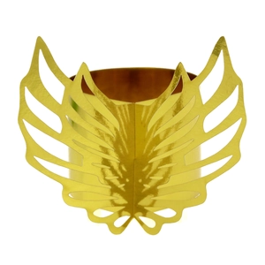 Close-up of laser-cut gold angel wing napkin rings with metallic reflective finish