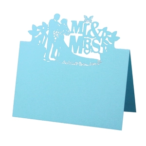 Light blue butterfly hollow laser cut wedding table cards with Mr & Mrs silhouette