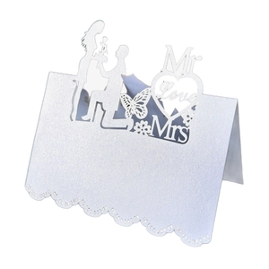 Elegant 3D laser cut white pearlescent place card with Mr & Mrs butterfly heart design