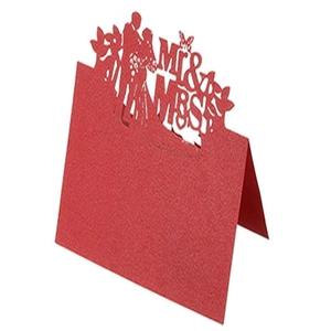 Detailed laser cut red glitter Mr & Mrs wedding table card with couple silhouette