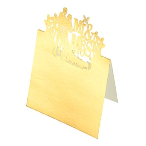 Detailed laser-cut Mr & Mrs golden wedding place card with elegant couple silhouettes