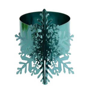 Detailed view of dark green metallic snowflake napkin ring with a polished mirror finish