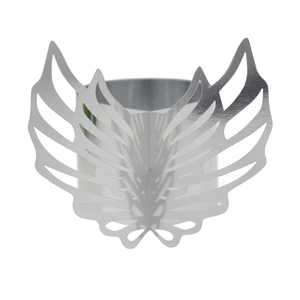 Detailed view of silver metal napkin ring featuring hollowed out angel wing design