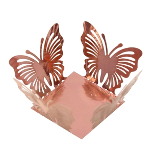 Macro detail of laser-cut hollow butterfly candy box in rose gold metallic finish