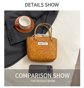 Detail view of woven straw tote bag with fabric inner drawstring and smartphone for scale