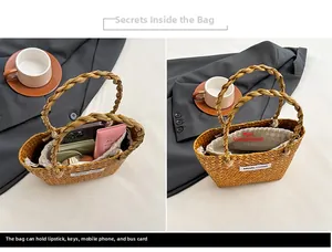 Detail view of woven straw bag interior showing brown fabric liner and daily storage capacity
