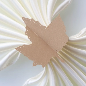 Macro detail of laser-cut maple leaf paper napkin ring on elegant white silk fabric