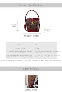 Detailed size chart of the wine red embroidered bucket bag with product specifications