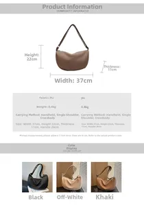 Detailed dimension guide for PU leather crescent bag showing width, height and thickness